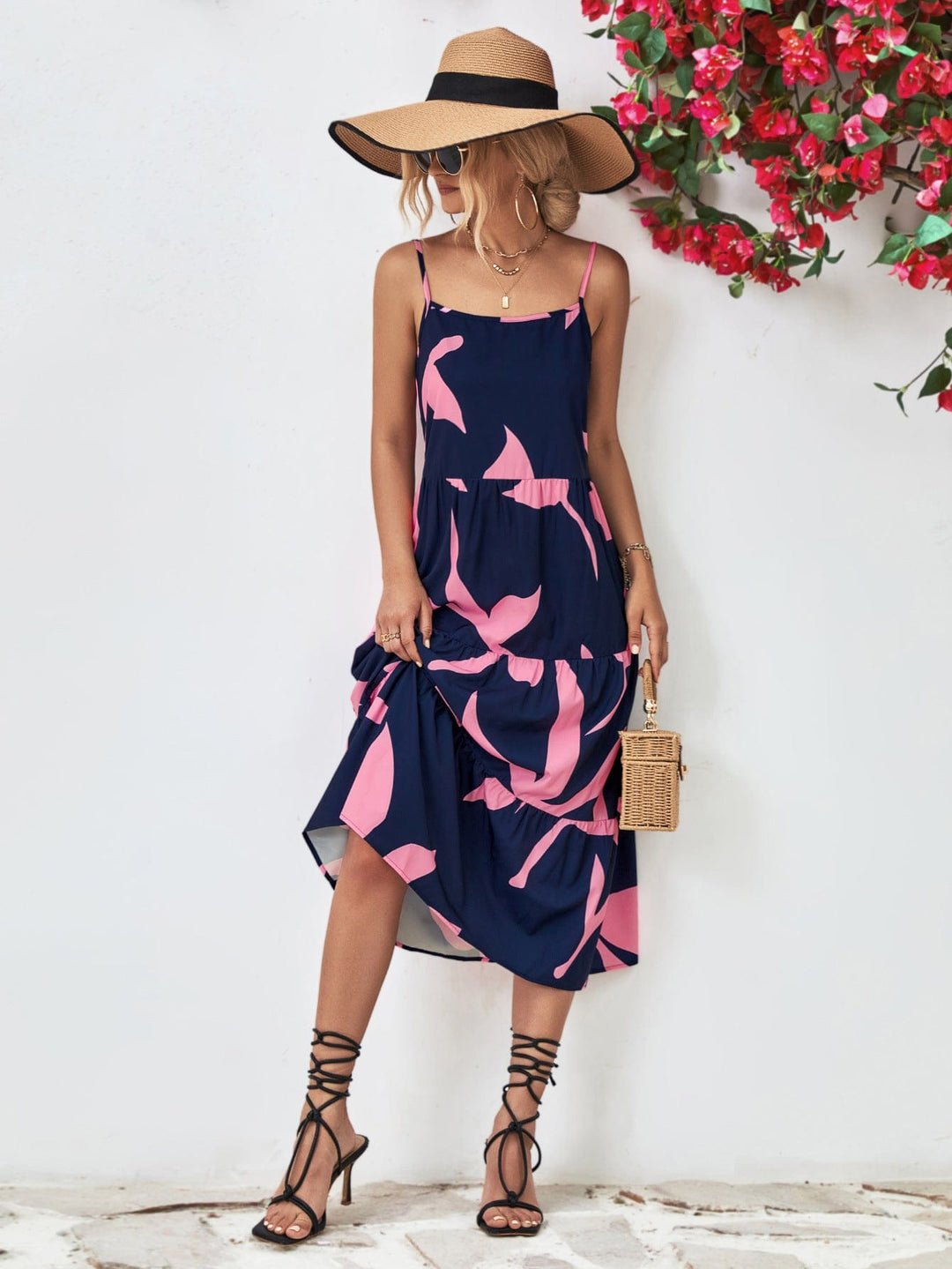 Printed Spaghetti Strap Tiered Midi Dress - Runway Frenzy