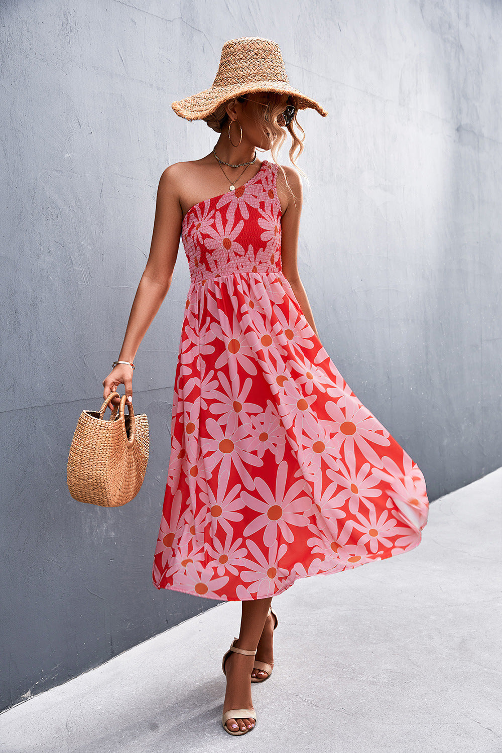 Floral Smocked One-Shoulder Midi Dress - Runway Frenzy