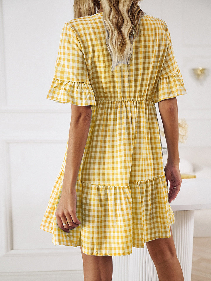 Plaid Flounce Sleeve Buttoned Mini Dress - Runway Frenzy 