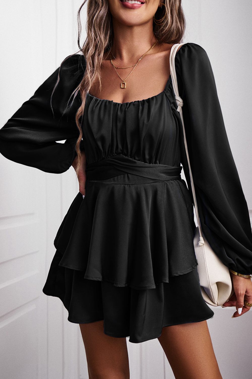 Long Balloon Sleeve Layered Romper - Runway Frenzy 