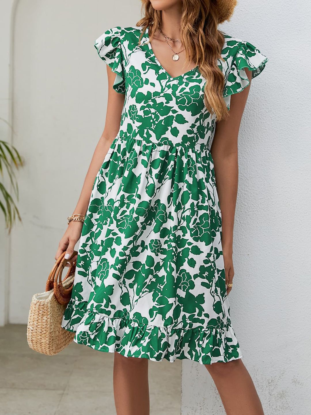 Floral V-Neck Flutter Sleeve Dress - Runway Frenzy