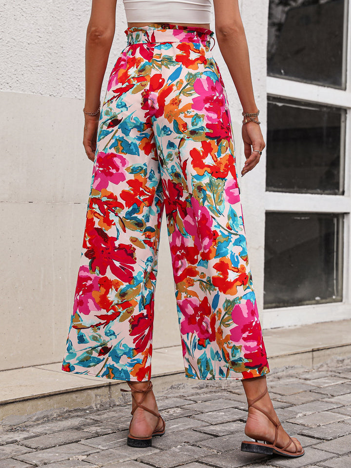 Floral Tie Belt Wide Leg Pants - Runway Frenzy