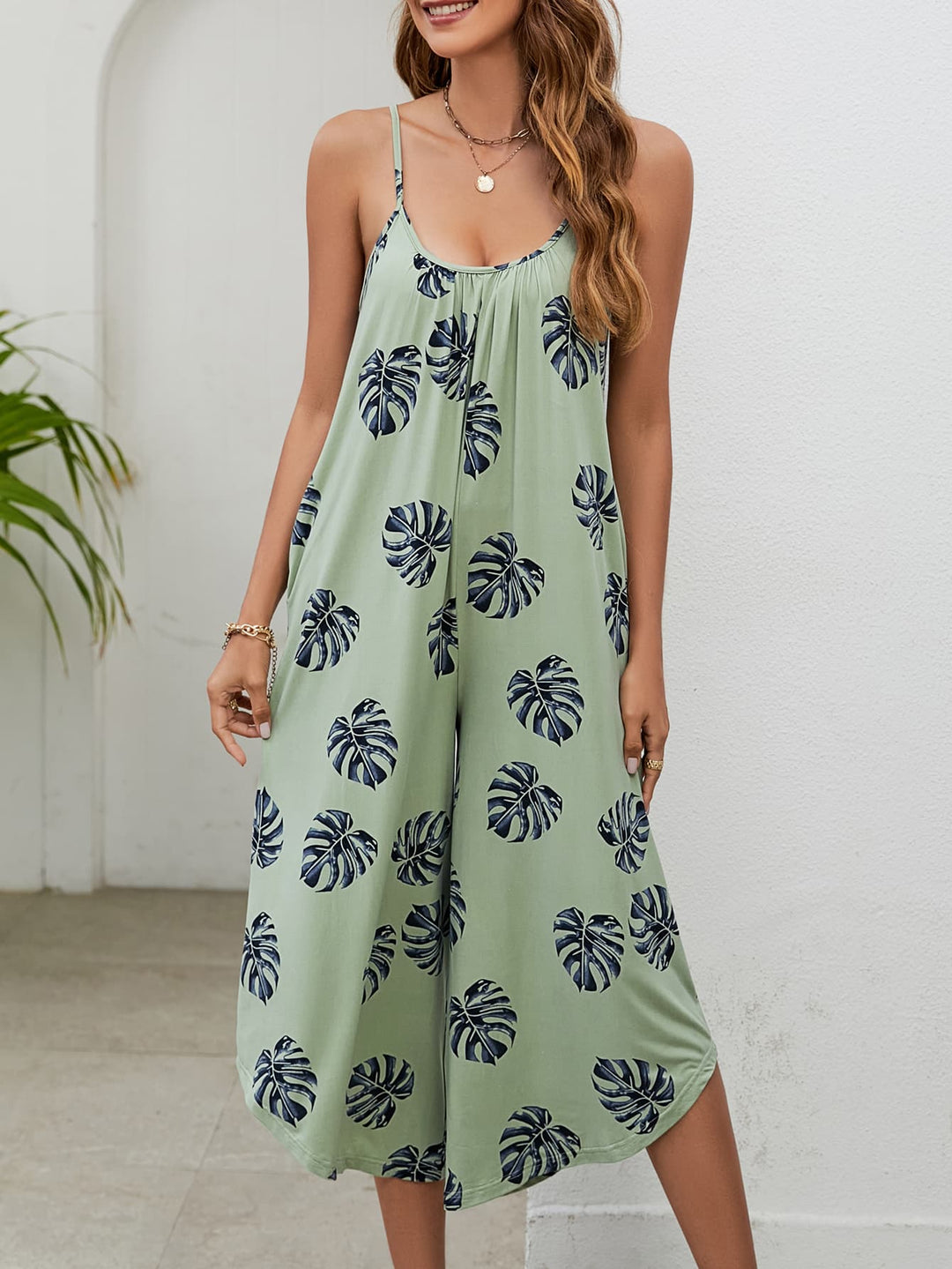 Botanical Print Spaghetti Strap Scoop Neck Jumpsuit - Runway Frenzy