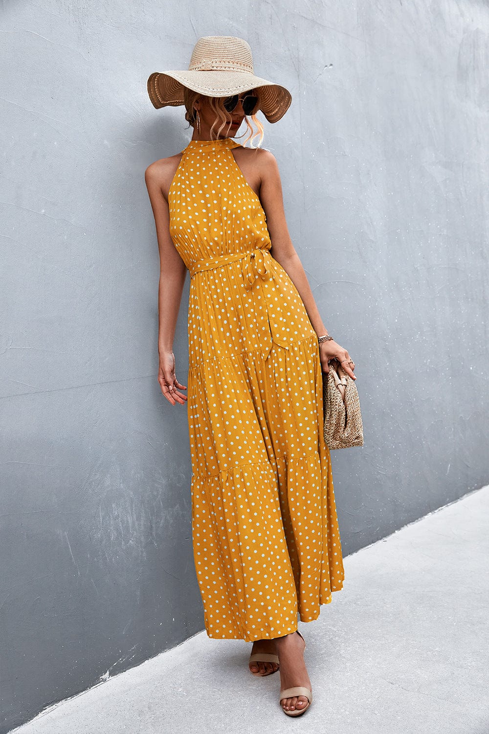 Printed Sleeveless Tie Waist Maxi Dress - Runway Frenzy 