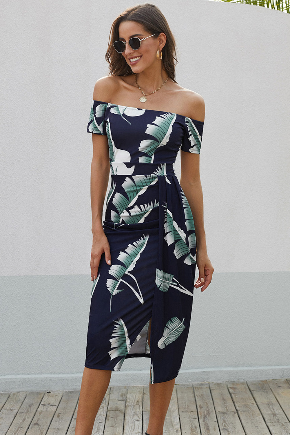 Printed Off-Shoulder Split Dress - Runway Frenzy 