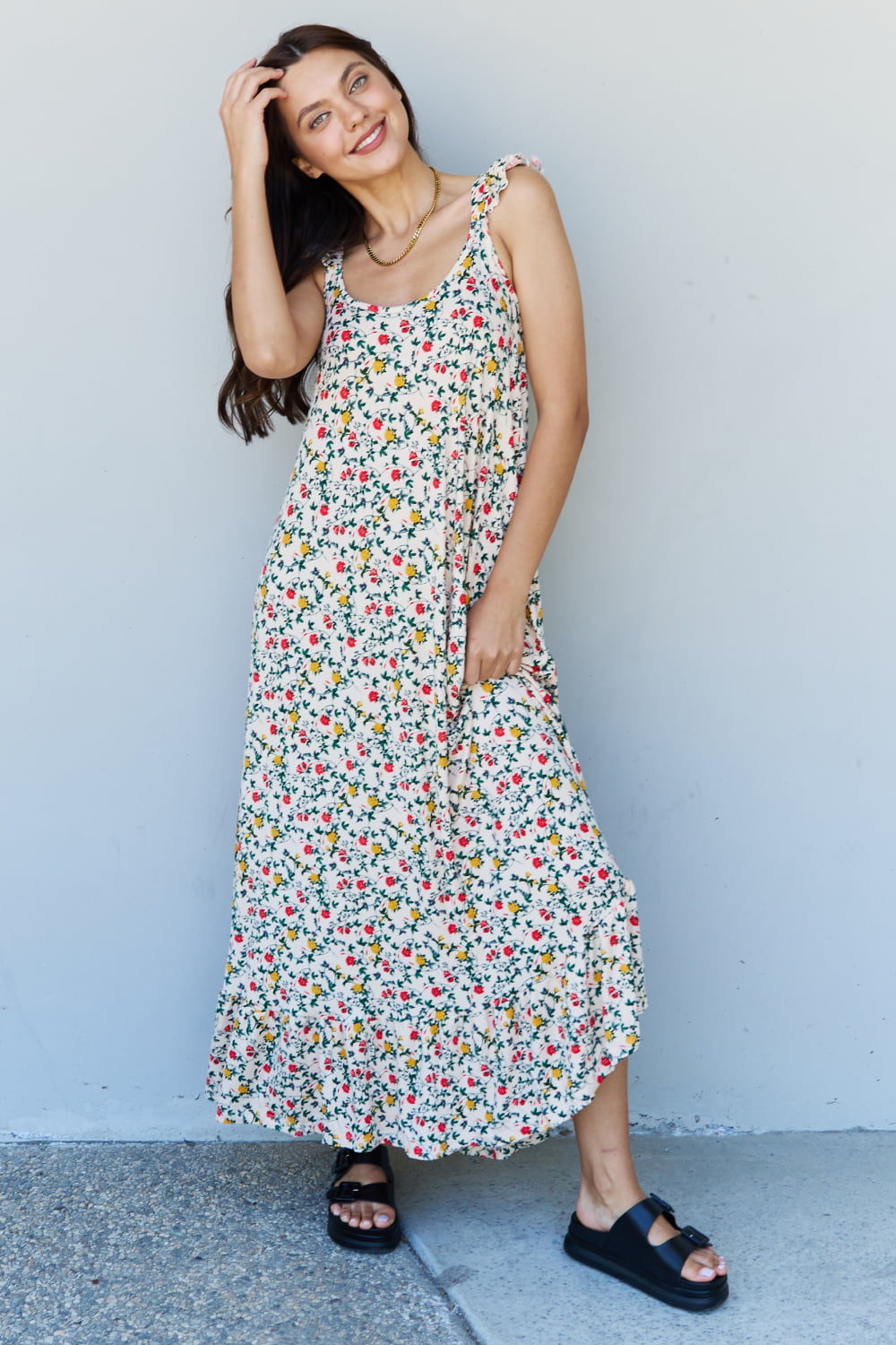 Doublju In The Garden Ruffle Floral Maxi Dress in Natural Rose - Runway Frenzy