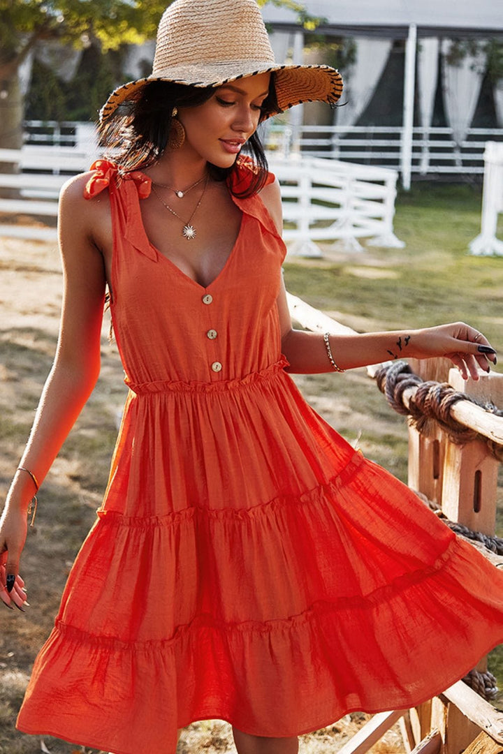 Tie-Shoulder Decorative Button V-Neck Dress - Runway Frenzy 