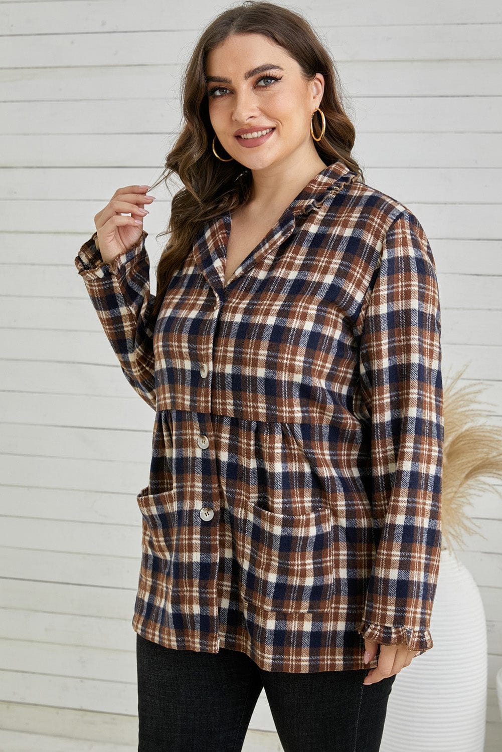 Plus Size Plaid Buttoned Collared Shacket - Runway Frenzy 