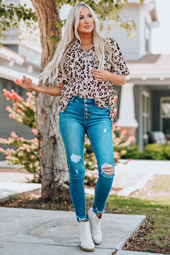 Leopard Button Front Short Sleeve Shirt with Breast Pockets - Runway Frenzy