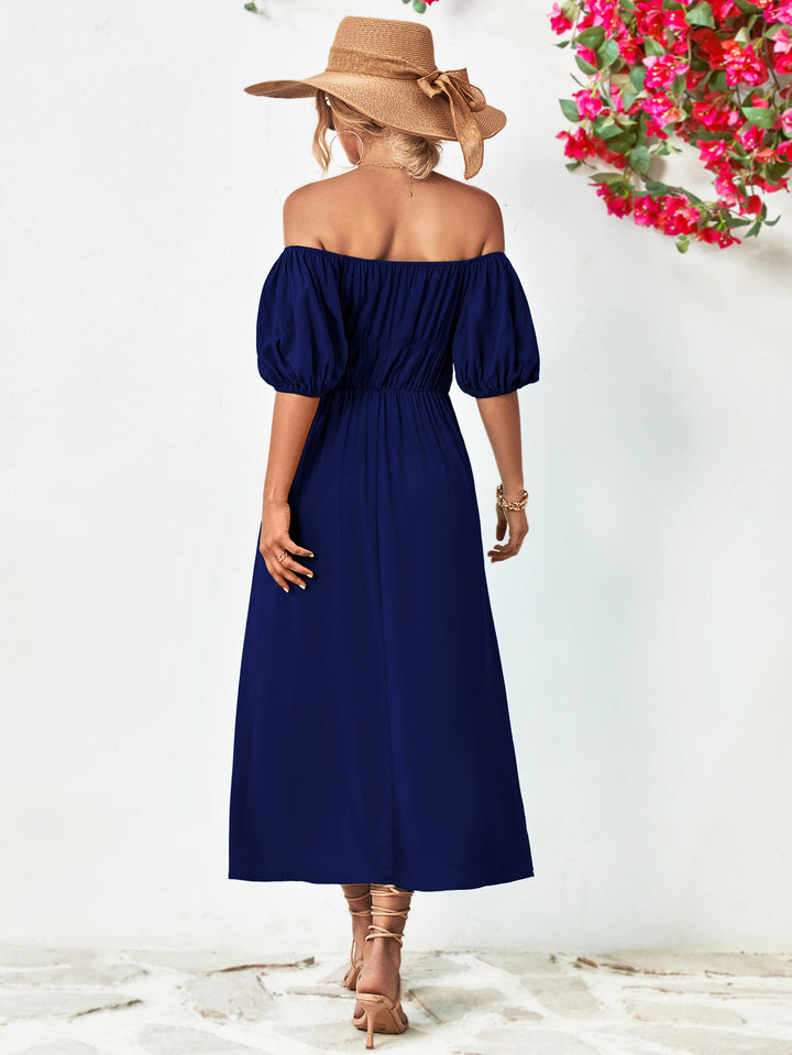 Off-Shoulder Balloon Sleeve Midi Dress - Runway Frenzy 