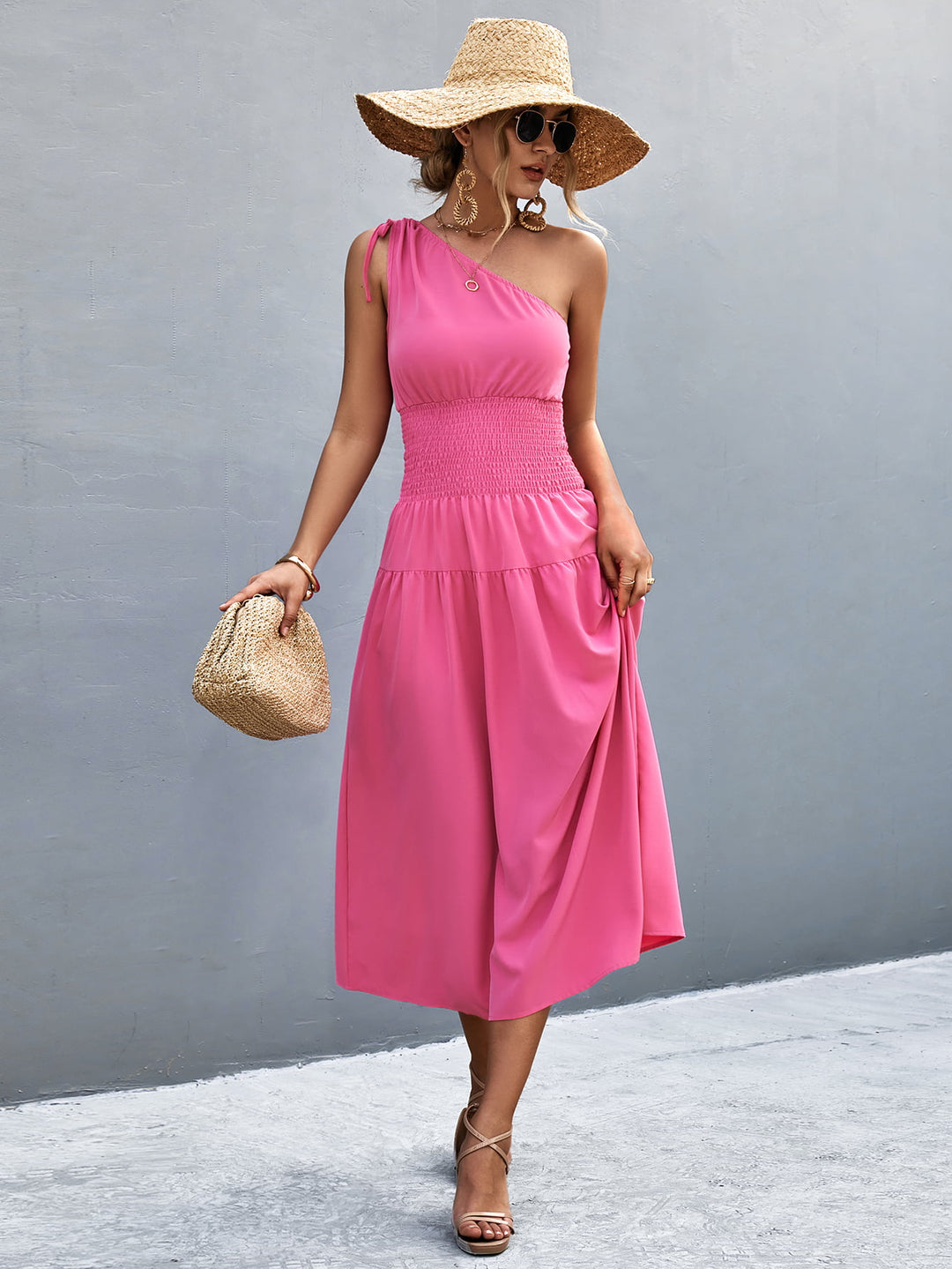 Asymmetrical One Shoulder Smocked Waist Midi Dress - Runway Frenzy