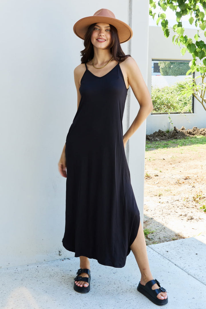 Ninexis Good Energy Full Size Cami Side Slit Maxi Dress in Black - Runway Frenzy 