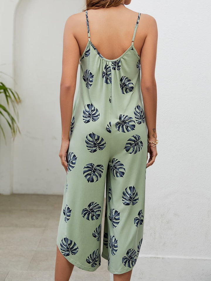 Botanical Print Spaghetti Strap Scoop Neck Jumpsuit - Runway Frenzy