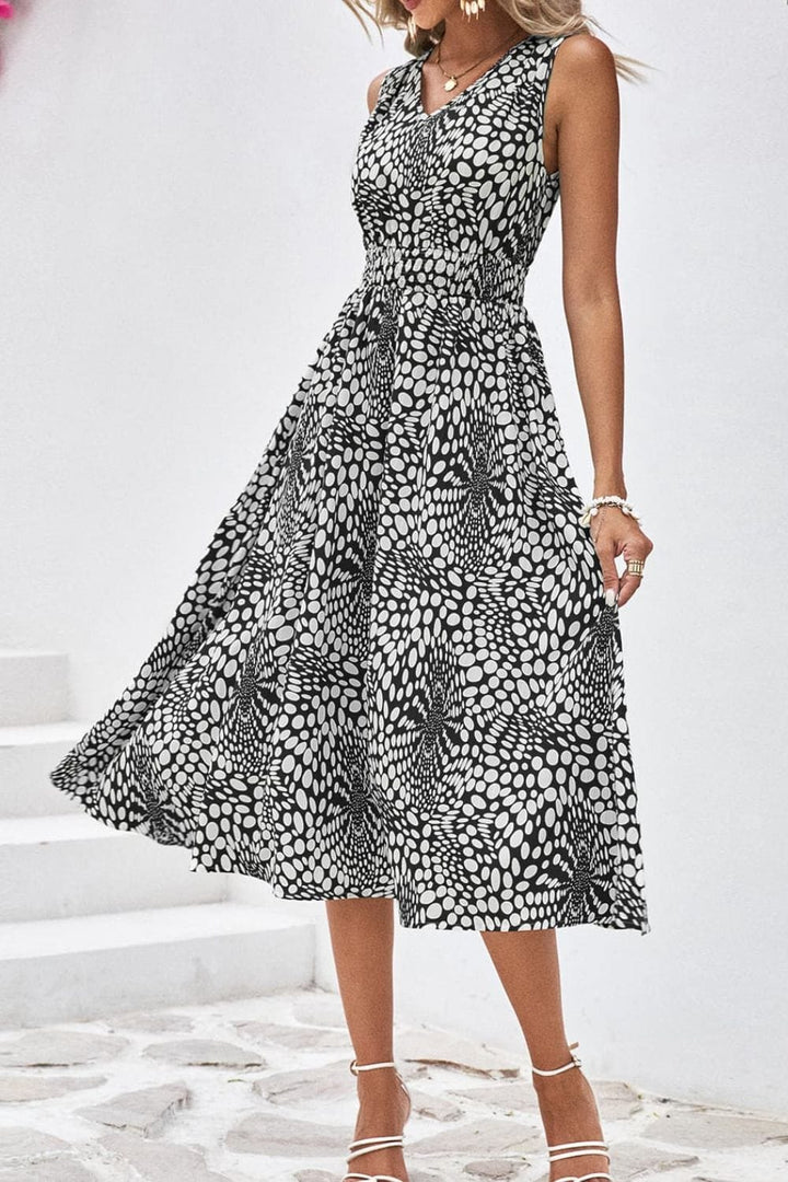 Printed V-Neck Sleeveless Dress - Runway Frenzy