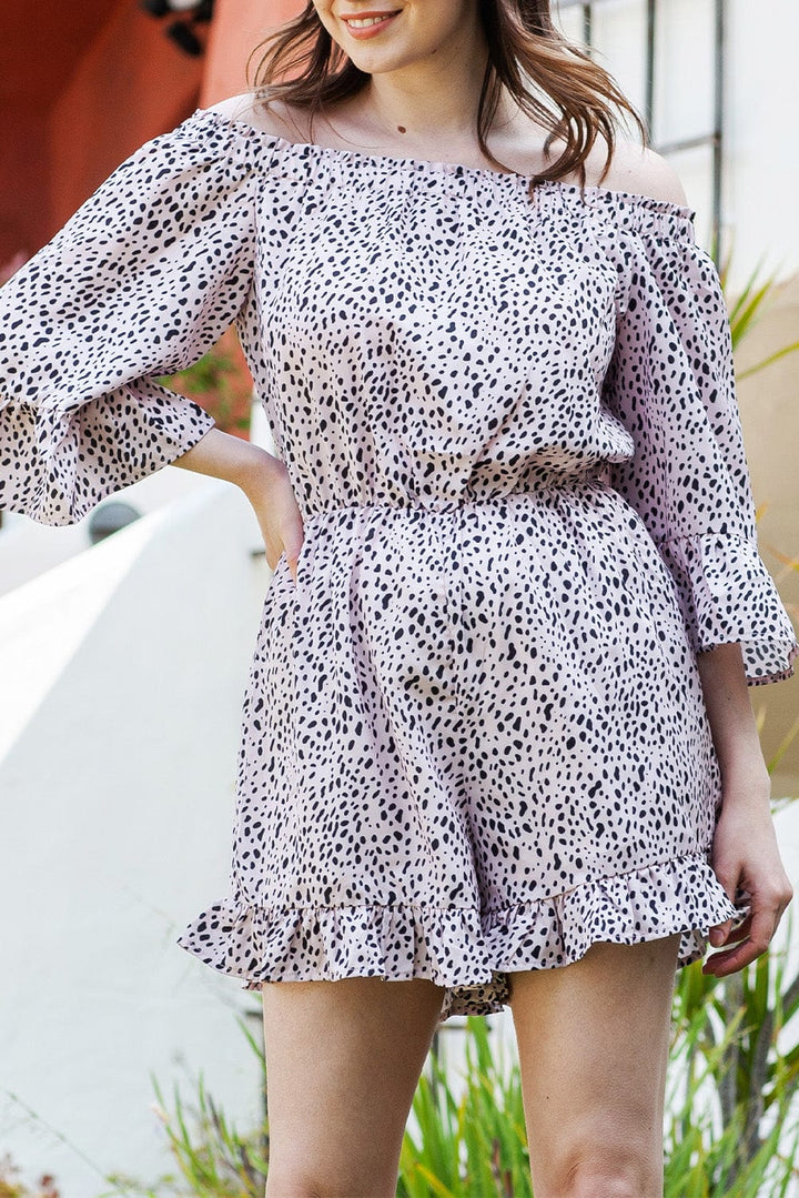 Printed Off-Shoulder Ruffled Romper - Runway Frenzy 