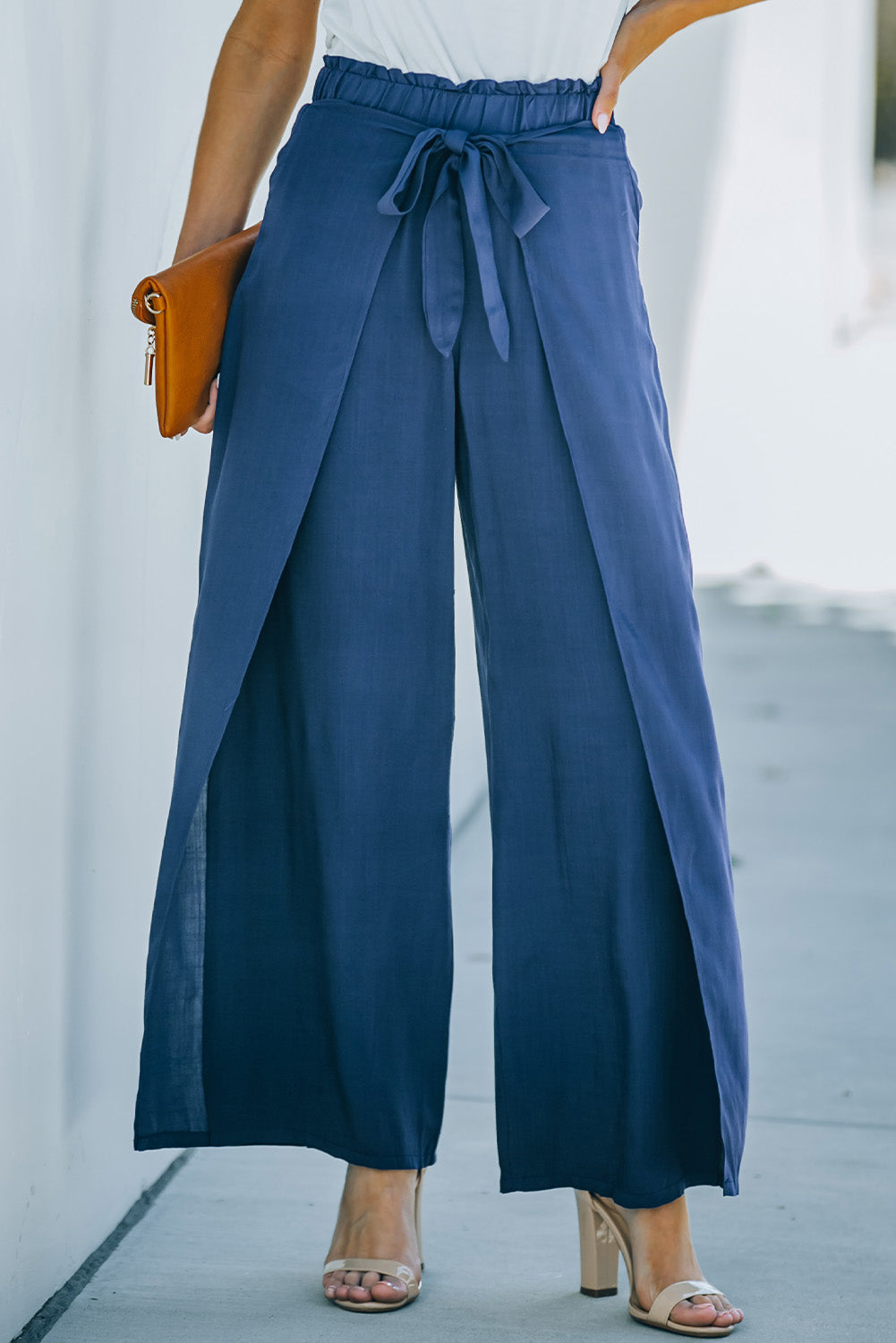 Paperbag Waist Tie Front Wide Leg Pants - Runway Frenzy 