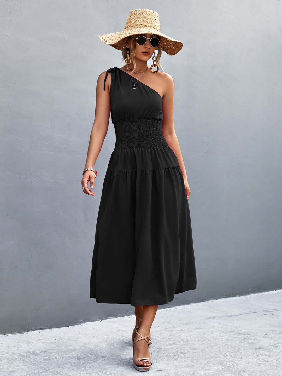 Asymmetrical One Shoulder Smocked Waist Midi Dress - Runway Frenzy