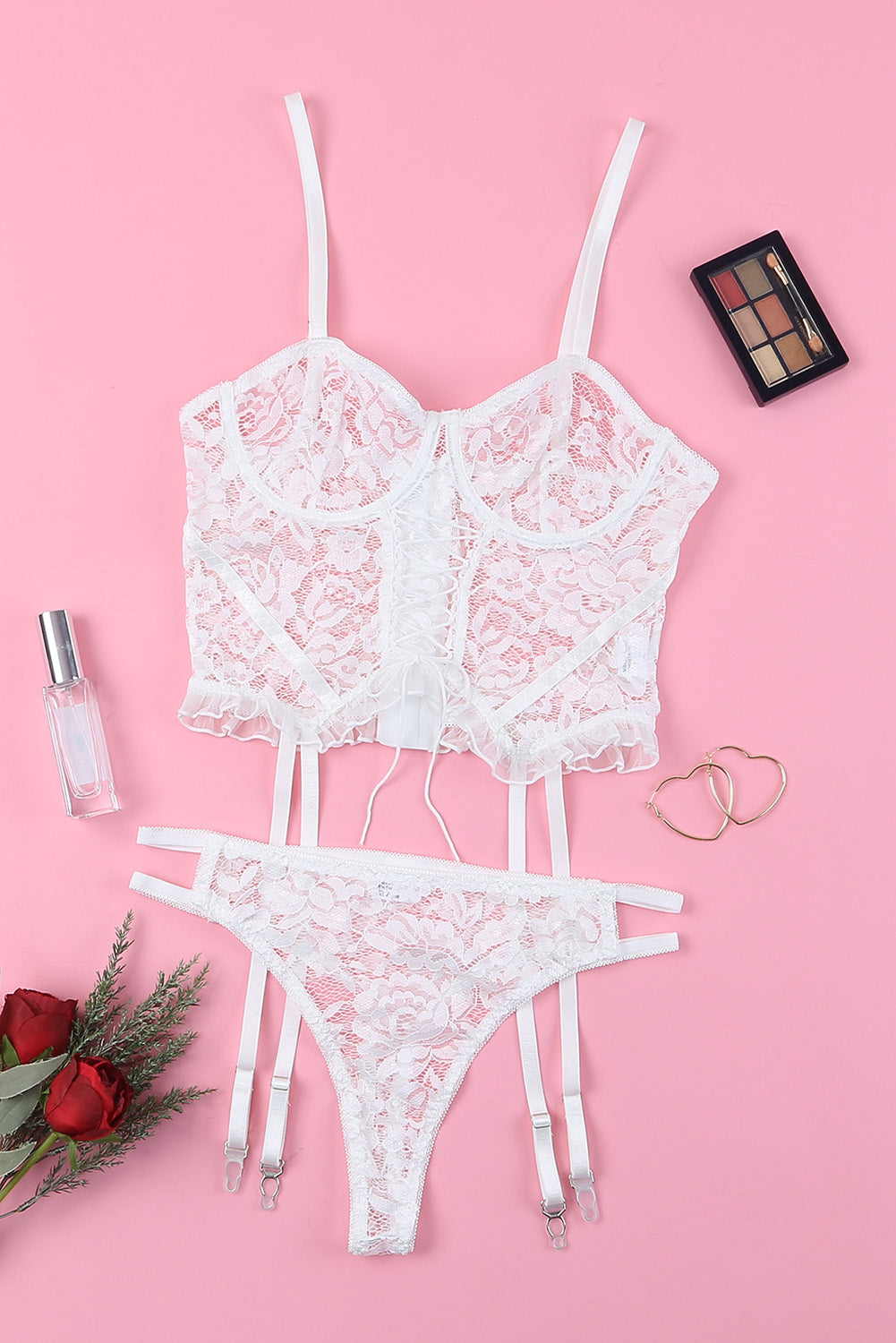 Lace-Up Frill Trim Lingerie Set - Runway Frenzy