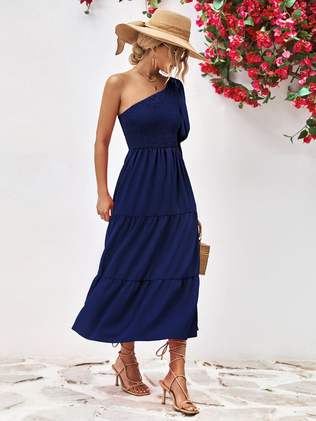 Smocked One-Shoulder Midi Dress - Runway Frenzy 