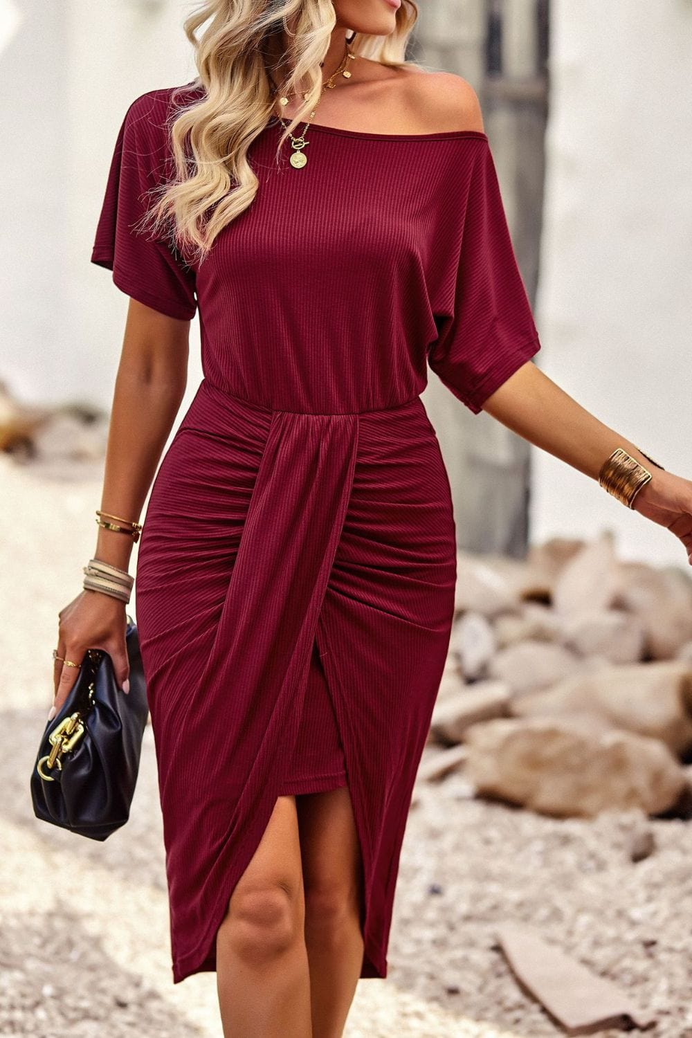 Ribbed Off-Shoulder Tulip Hem Dress - Runway Frenzy 