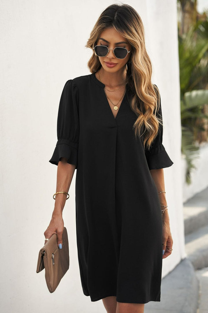 Puff Sleeve Notched Mini Shift Dress - Runway Frenzy 