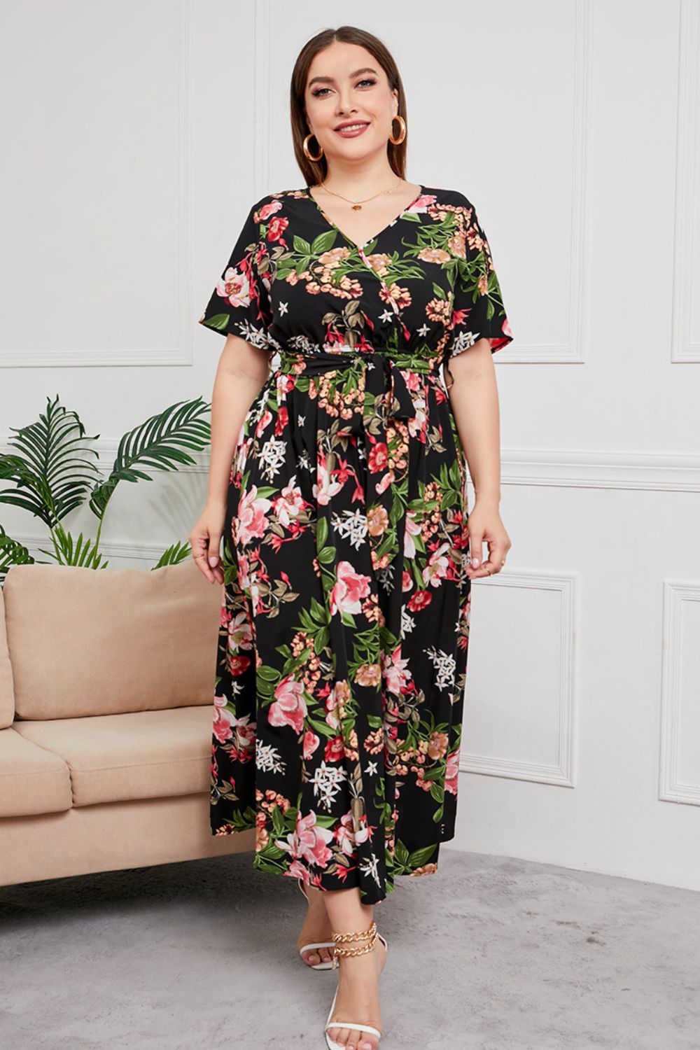 Plus Size Printed Surplice Short Sleeve Maxi Dress - Runway Frenzy 