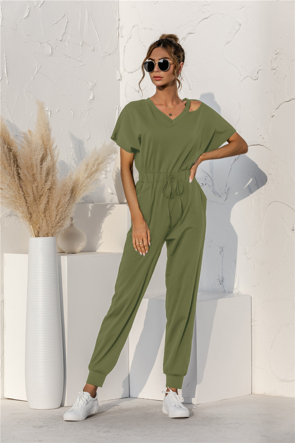 Cut Out V-neck Drawstring Jumpsuit - Runway Frenzy