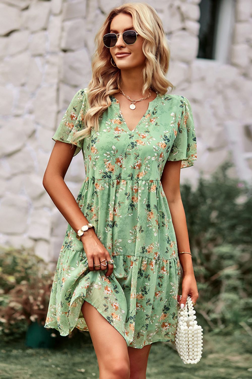 Floral Notched Flutter Sleeve Mini Dress - Runway Frenzy