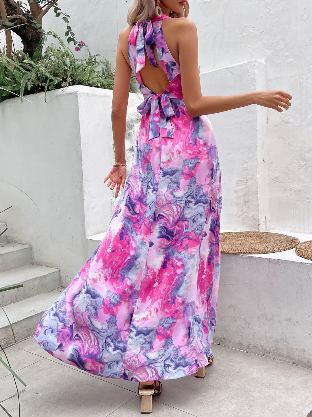 Printed Open Back Slit Sleeveless Dress - Runway Frenzy 