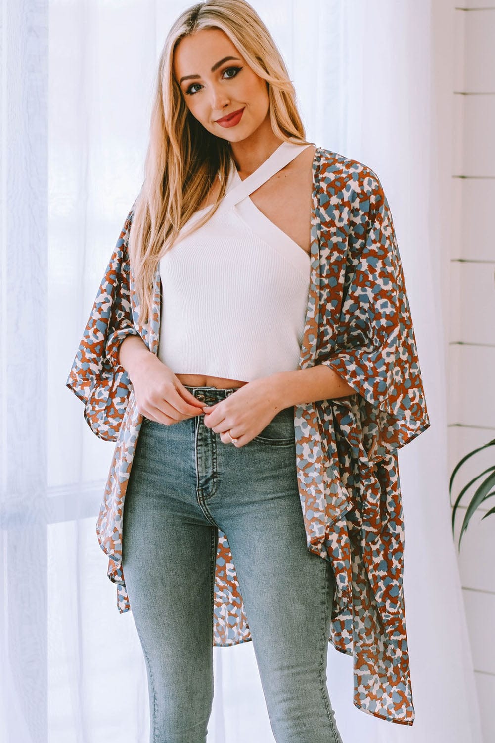 Printed Open Front Three-Quarter Sleeve Cover Up - Runway Frenzy 