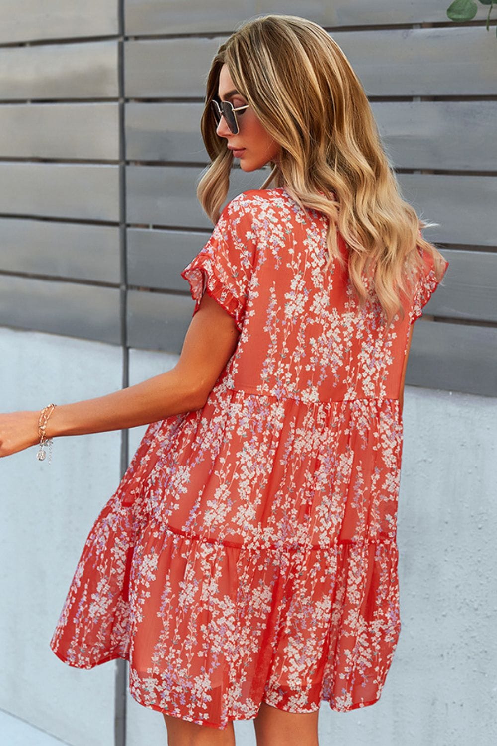 Printed V-Neck Short Sleeve Tiered Dress - Runway Frenzy