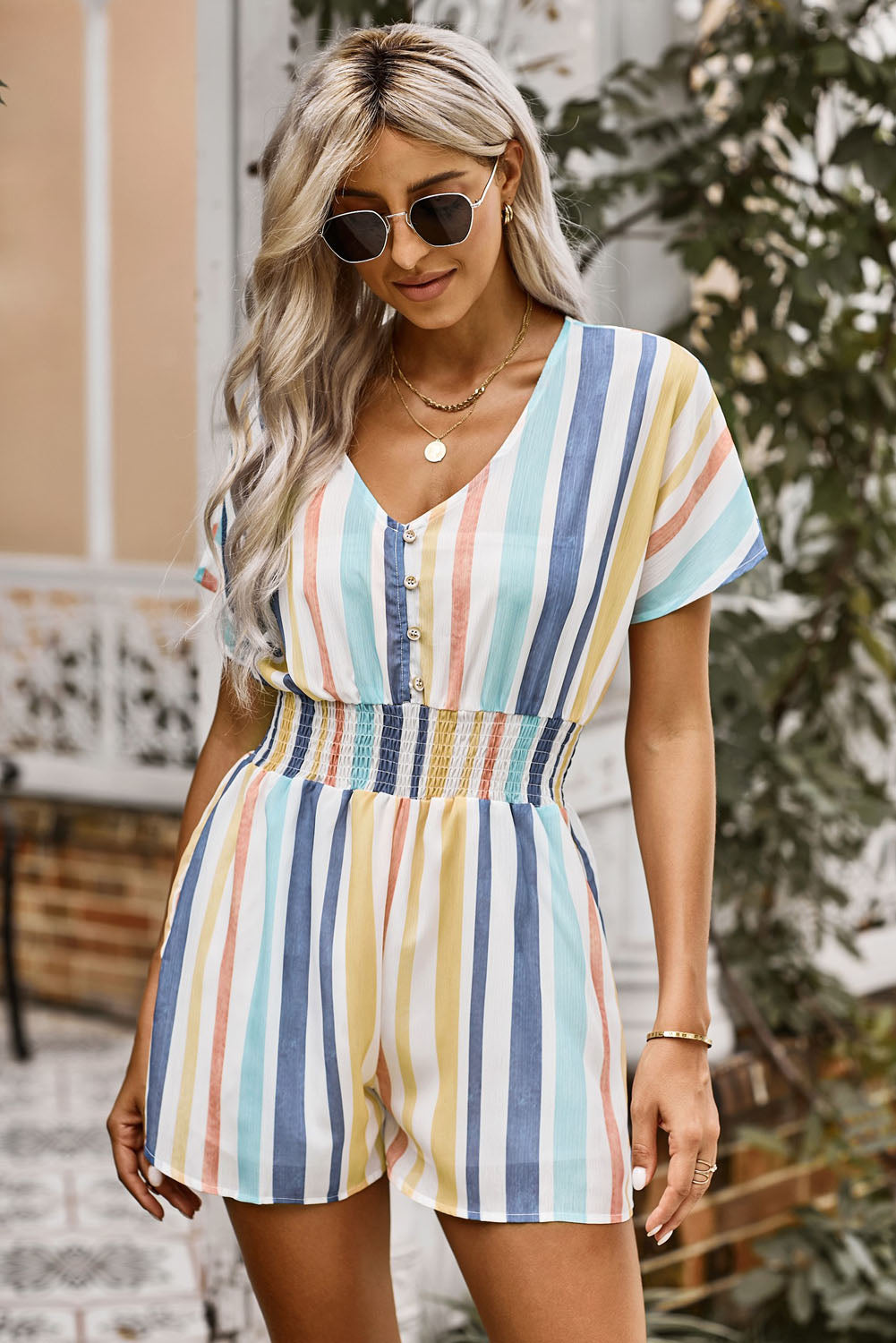 Multicolored Stripe V-Neck Smocked Waist Romper - Runway Frenzy 