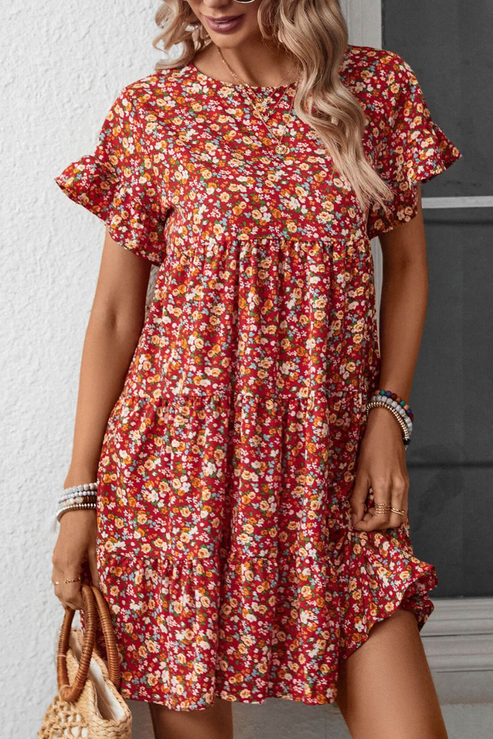 Floral Round Neck Flounce Sleeve Dress - Runway Frenzy