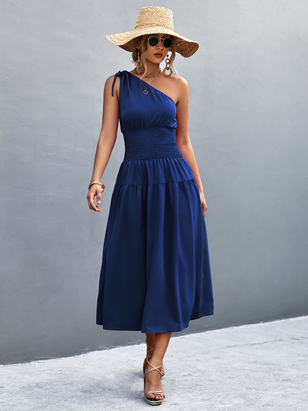 Asymmetrical One Shoulder Smocked Waist Midi Dress - Runway Frenzy