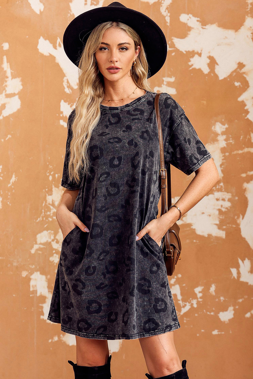 Leopard Round Neck Dropped Shoulder Dress with Pockets - Runway Frenzy 