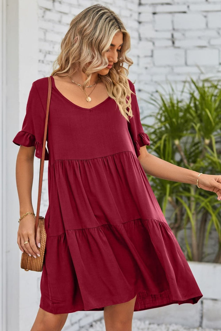 V-Neck Flounce Sleeve Tiered Dress - Runway Frenzy 