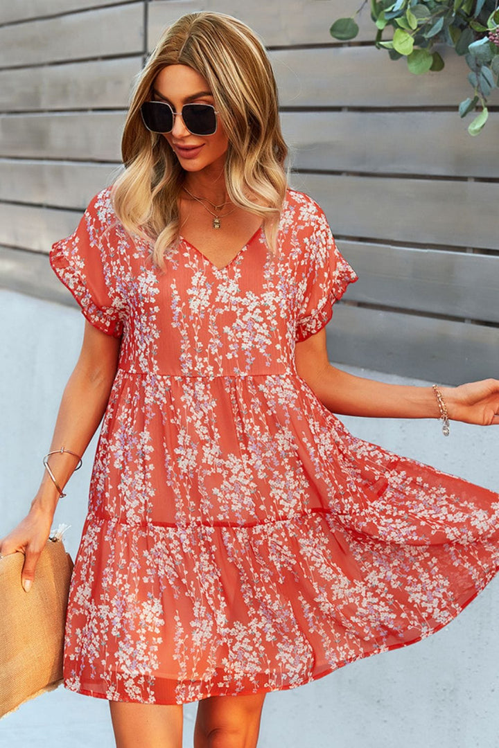 Printed V-Neck Short Sleeve Tiered Dress - Runway Frenzy