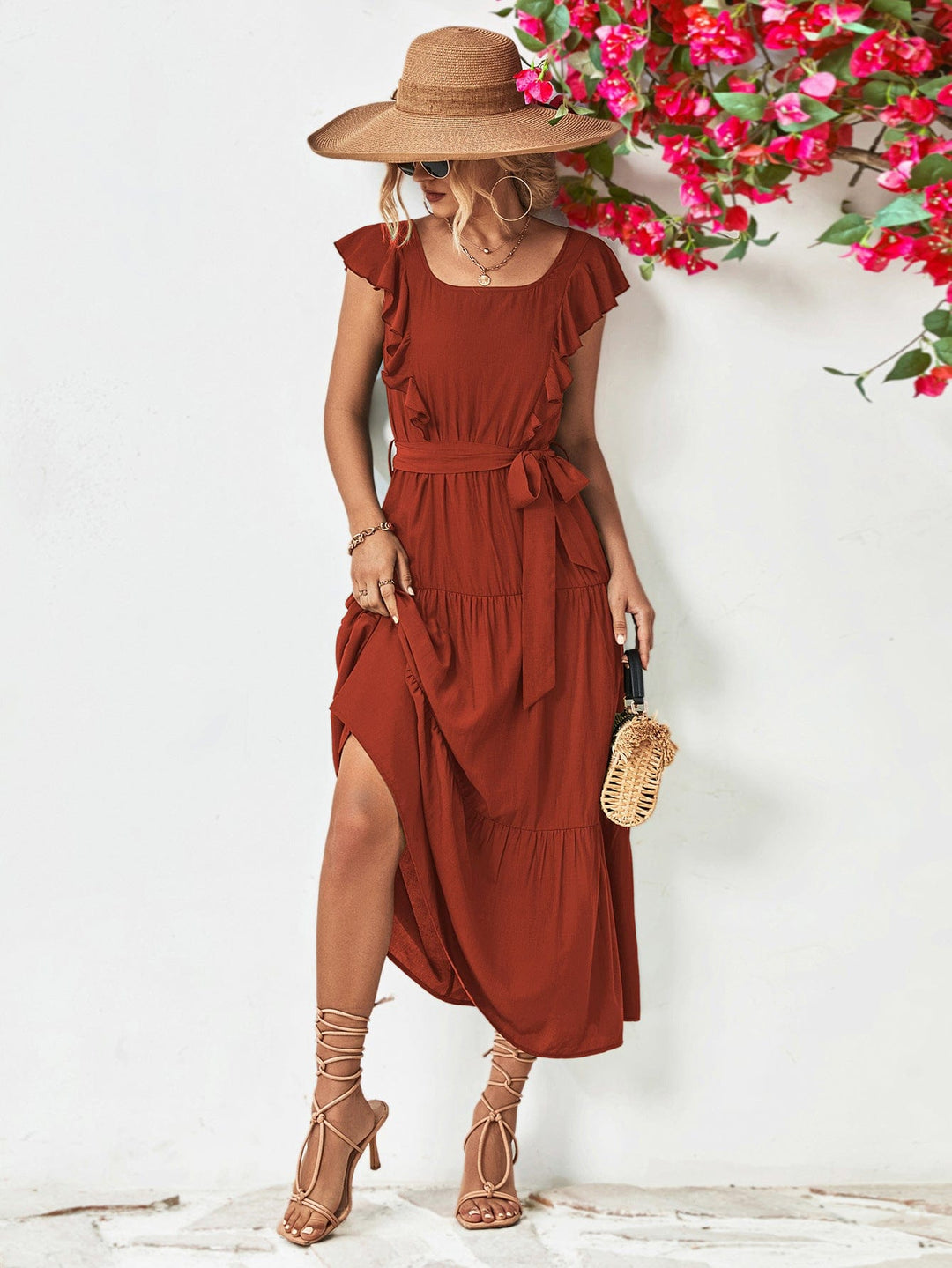 Tie Belt Ruffled Tiered Dress - Runway Frenzy 