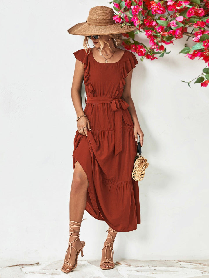 Tie Belt Ruffled Tiered Dress - Runway Frenzy 