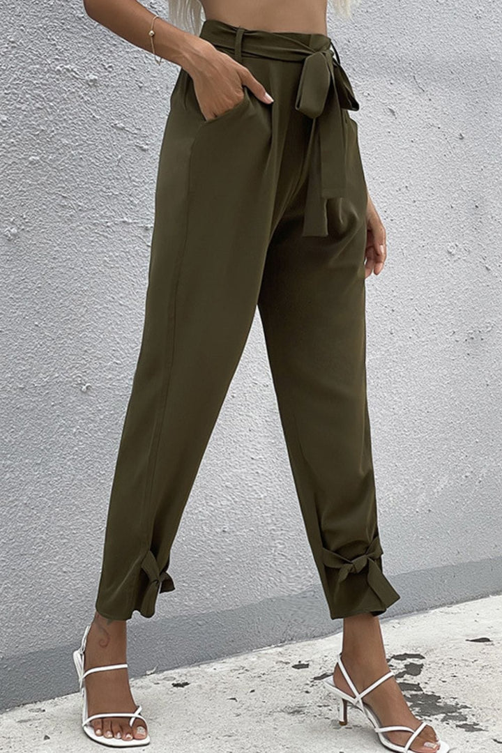 Tie Detail Belted Pants with Pockets - Runway Frenzy 