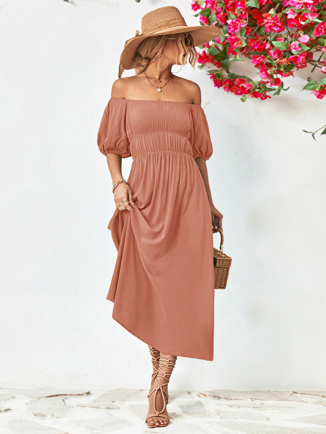 Off-Shoulder Balloon Sleeve Midi Dress - Runway Frenzy 