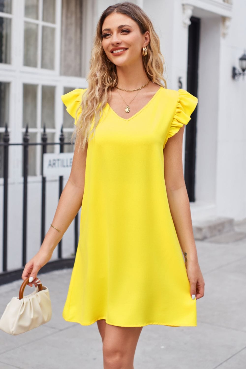 Ruffled V-Neck Flutter Sleeve Dress - Runway Frenzy 