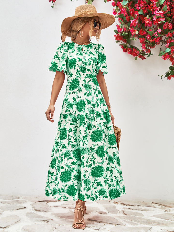 Floral Round Neck Tied Open Back Dress - Runway Frenzy