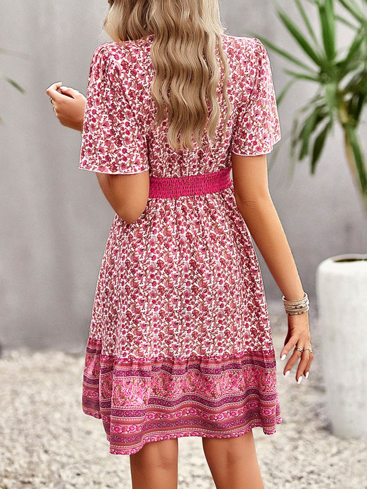 Floral Print Bohemian Style V-Neck Flutter Sleeve Dress - Runway Frenzy