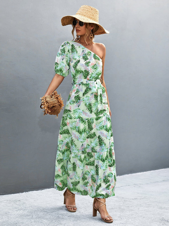 Printed Tie Waist One Shoulder Maxi Dress - Runway Frenzy