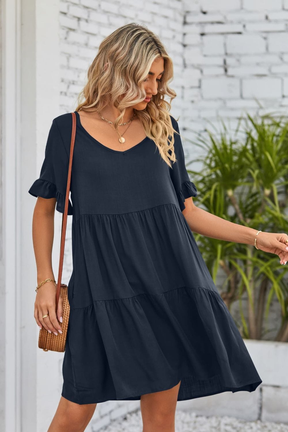 V-Neck Flounce Sleeve Tiered Dress - Runway Frenzy 