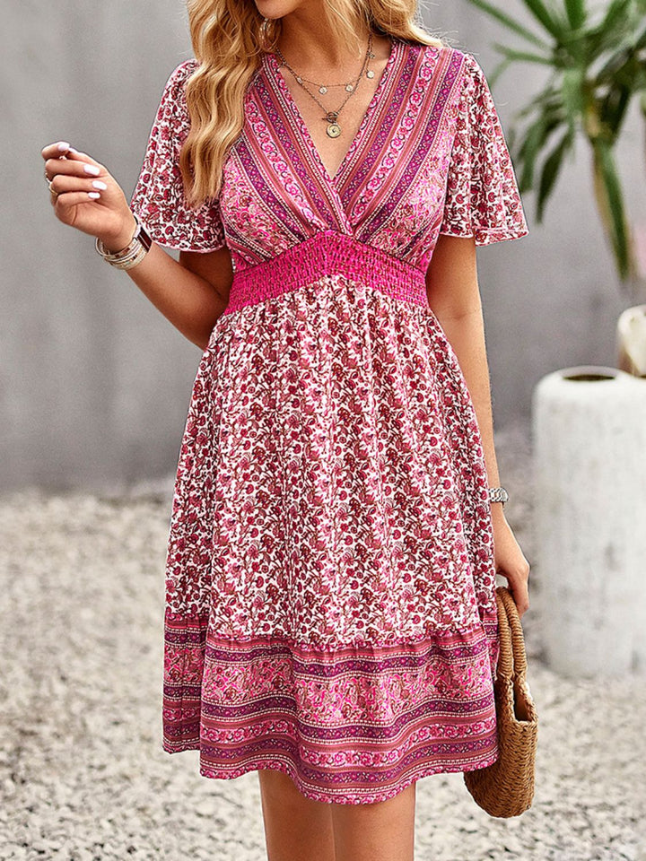 Floral Print Bohemian Style V-Neck Flutter Sleeve Dress - Runway Frenzy