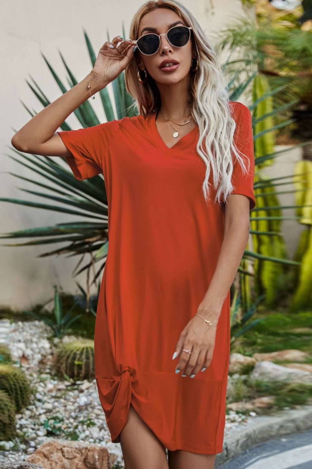 Twisted V-Neck Short Sleeve Dress - Runway Frenzy 