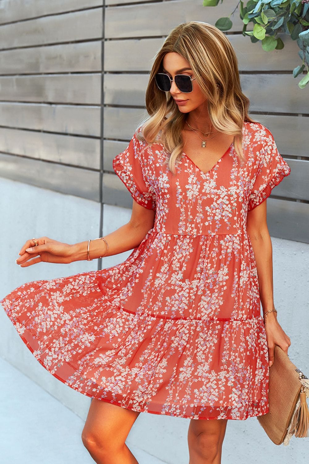 Printed V-Neck Short Sleeve Tiered Dress - Runway Frenzy