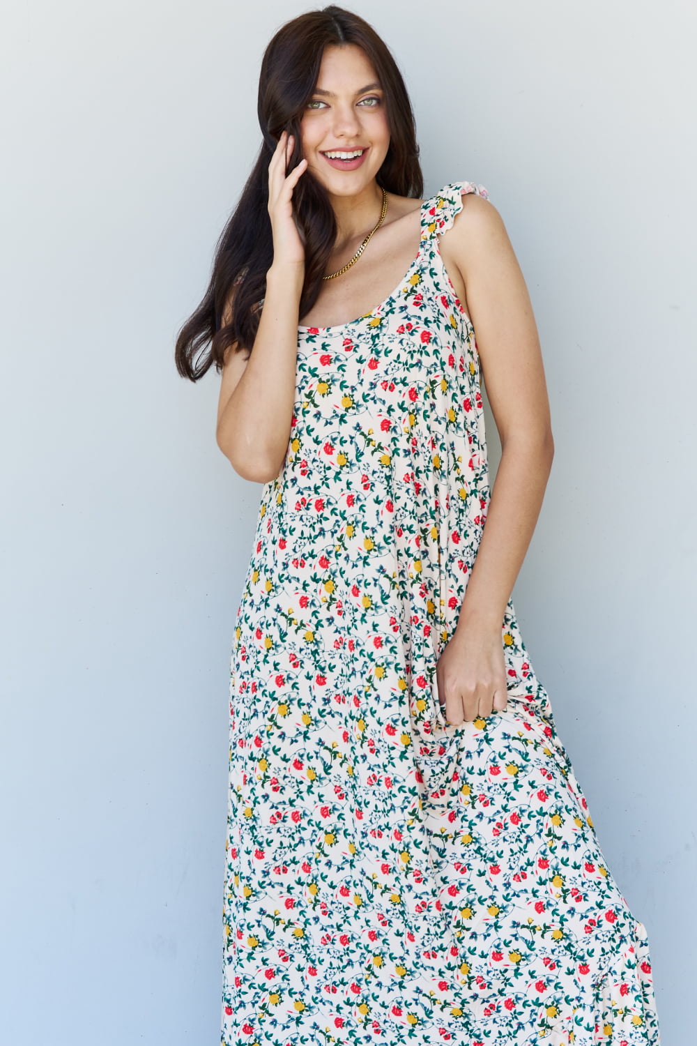 Doublju In The Garden Ruffle Floral Maxi Dress in Natural Rose - Runway Frenzy